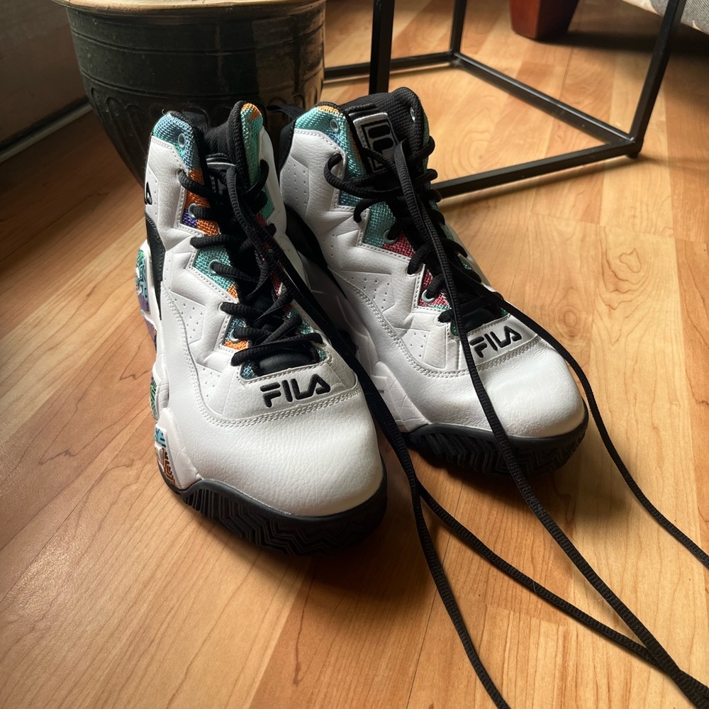 Fila White and Black High-Top Sneakers with Colorful Accents